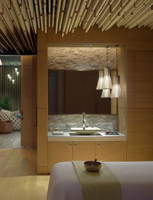 spa room with soft lighting and wood paneling