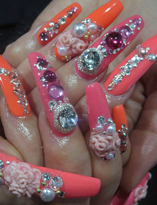 keiko matsui glam nail studio long pink orange decorated nails