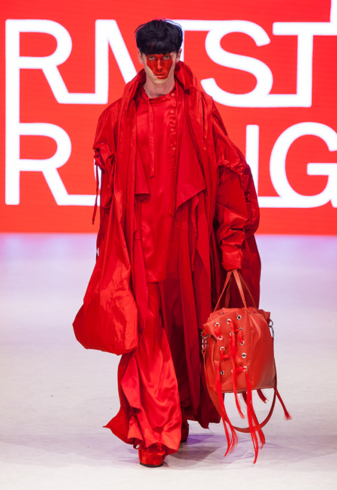 top fashion design school instructor graduate sara armstrong inflated red taffeta coat