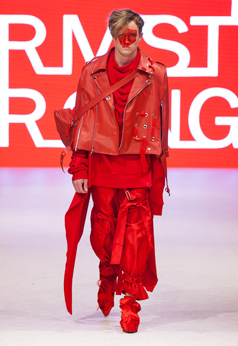 top fashion design school instructor graduate sara armstrong red leather cape