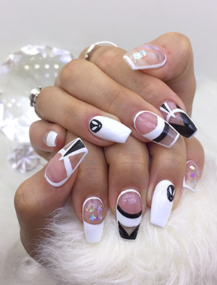 little mythy nails school graduate black white geo nails