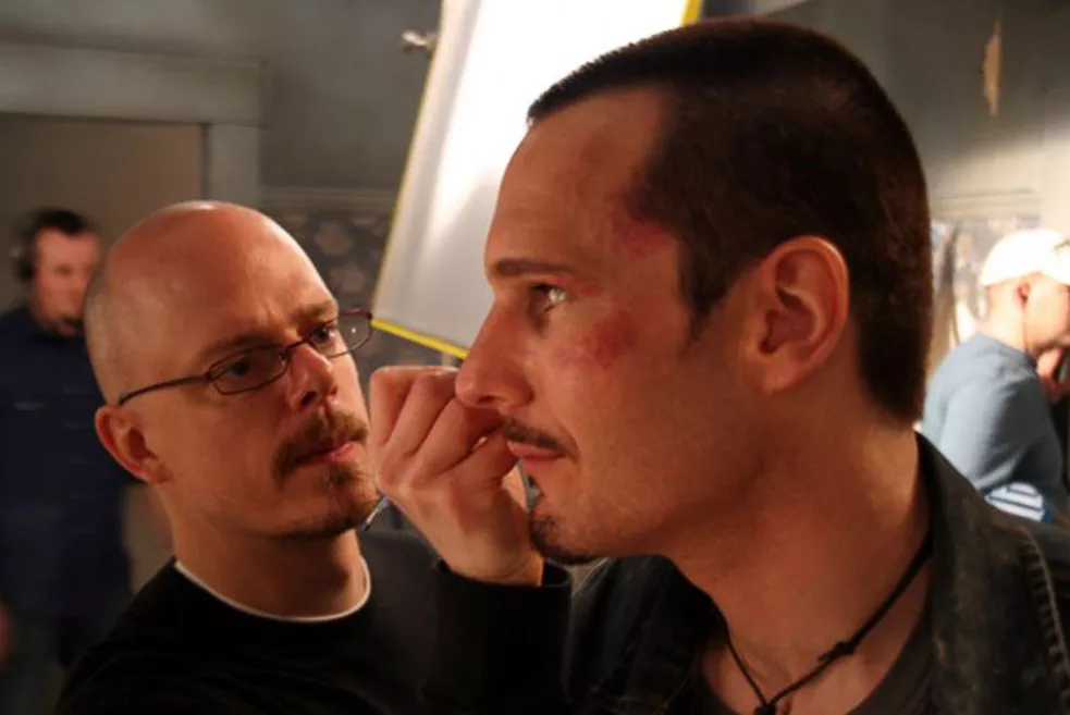 doug morrow applying makeup to michael eklund