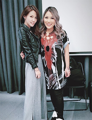 sunny lee posing with mimi choi makeup graduate blanche macdonald centre