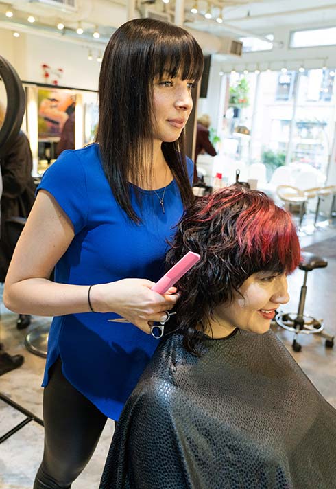 Stacey Paskall, Blanche MacDonald, grad, hairstyling, hairstylist, Avant Garde Salon, client, happy, salon