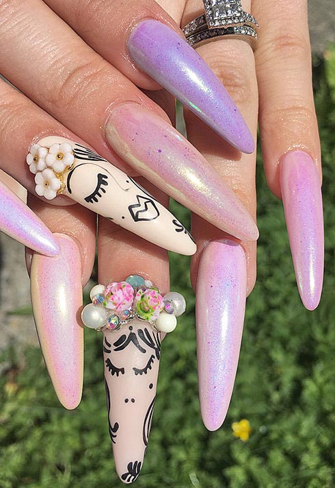 long pink and artistic nails by Blanche Macdonald Nail Studio graduate Alejandra Ramazzini