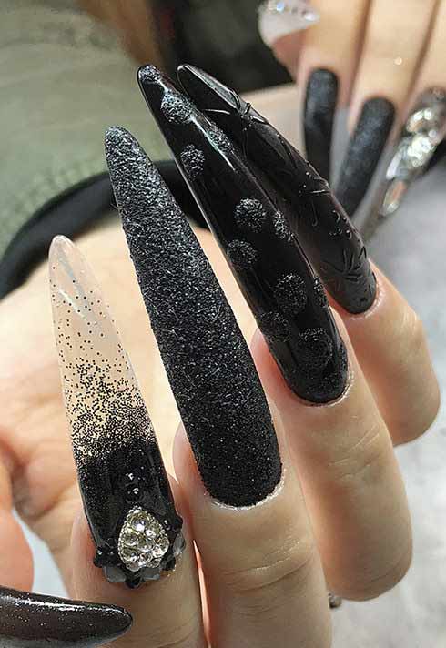 long black nails with texture by nail studio graduate Alejandra Ramazzini