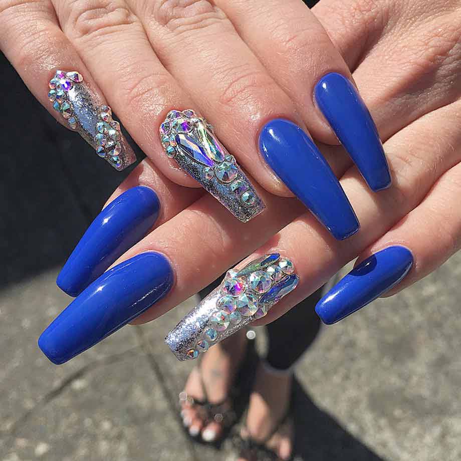 long cobalt and crystal nails by Blanche Macdonald Nail Studio graduate Alejandra Ramazzini