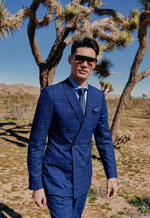 Indochino Custom Suit Campaign, blue suit windowpane style