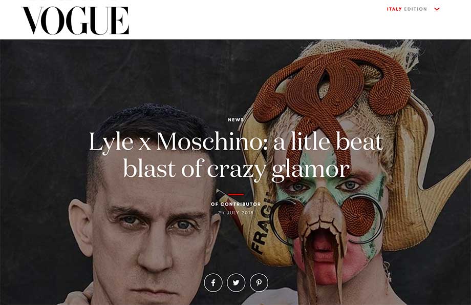 Vogue Italia featured Blanche Macdonald Makeup graduate Lyle Reimer and Jeremy Scott for Lyle x Moschino