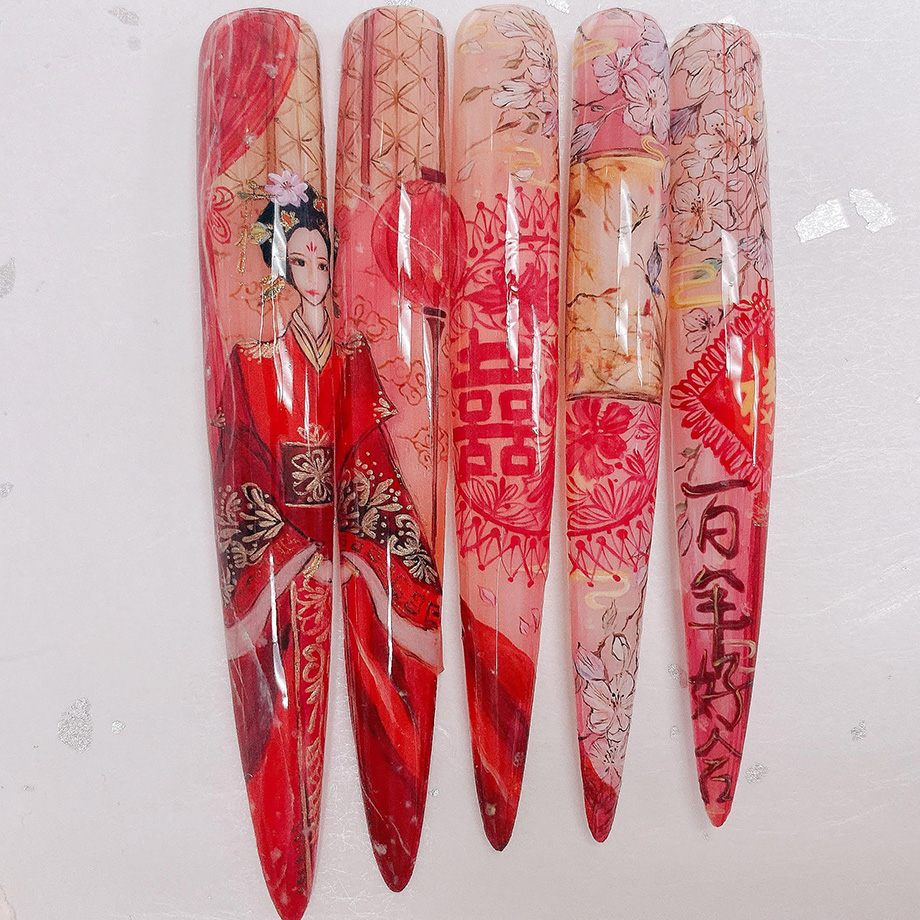 stiletto nails, nail art, traditional chinese wedding