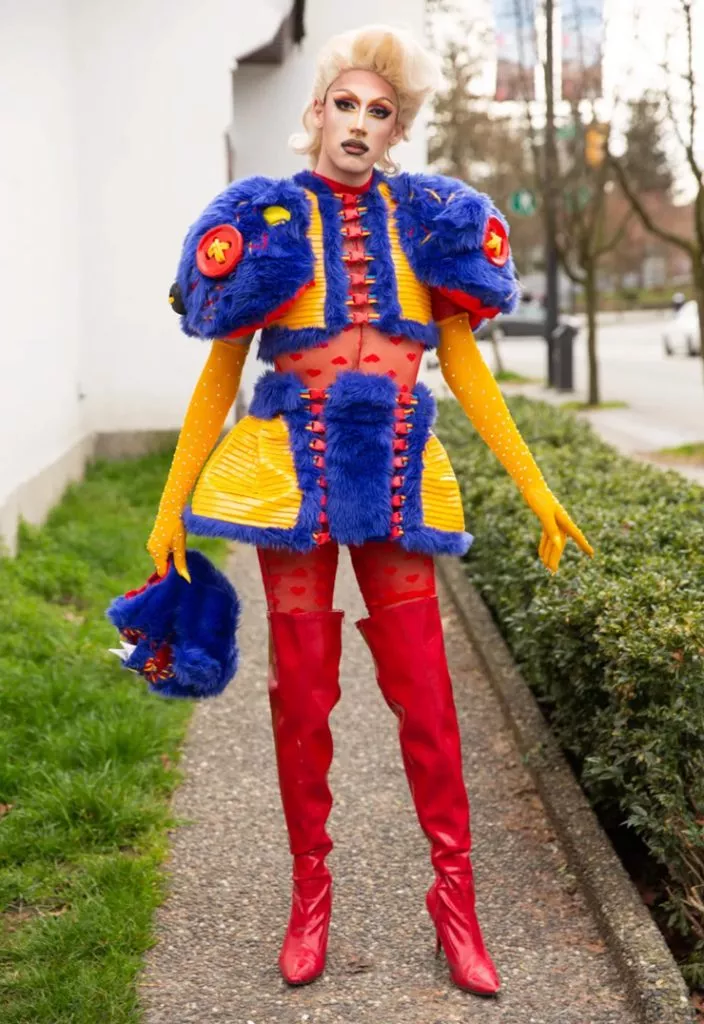 drag queen wearing colourful Peter Zuk clothing in Paper Magazine