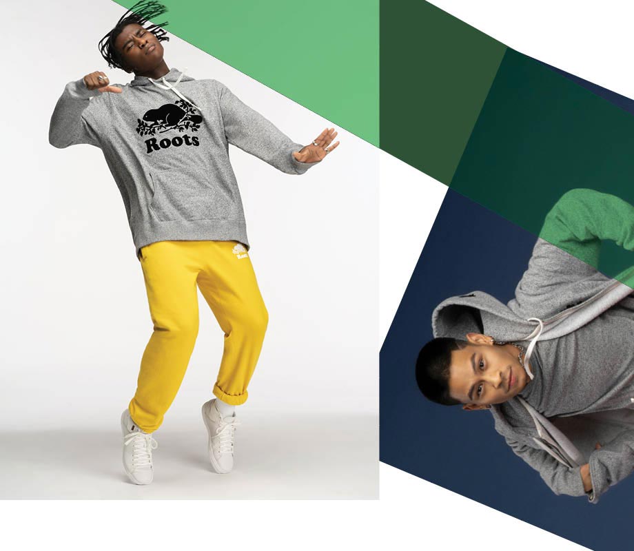 Blanche Macdonald graduate Myla Davey's branding for Roots Canada male models dancing in sweats