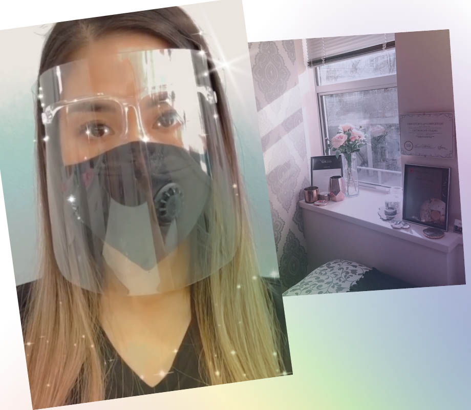 beauty boutique owner and BMC grad Catherine Tsang wearing protective face shield and pic of her salon