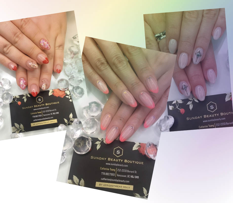 three nail looks by Catherine Tsang beauty boutique owner and BMC grad