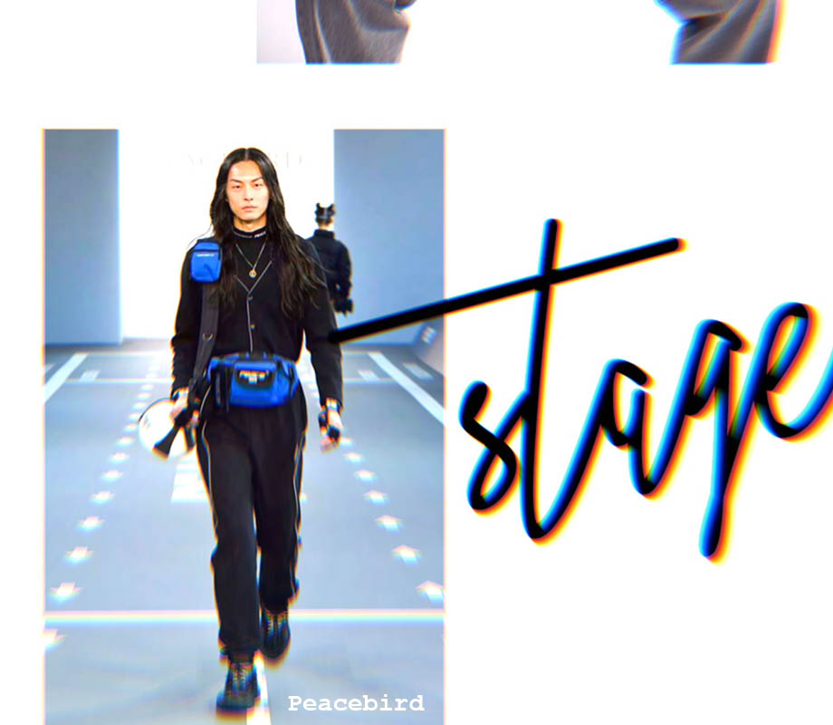 supermodel and BMC graduate David Chiang walks the runway in a blue fanny pack for Peacebird