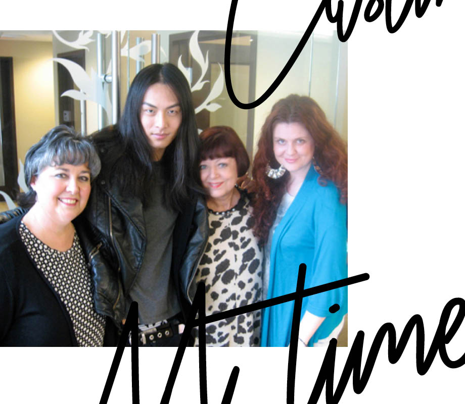 fashion merchandising and supermodel grad David Chiang posing with BMC instructors Peggy Morrison, Donna Baldock and Fashion Career Director Mel Watts