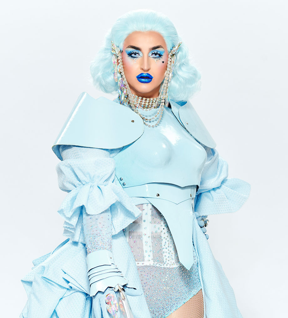 Blanche Grad Ilona Verley wears powder blue and crystal design by Blanche Grad Evan Clayton
