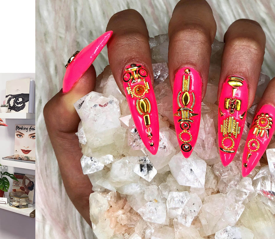 BMC graduate Tatiana Tavares' neon pink and metallic jewels nails