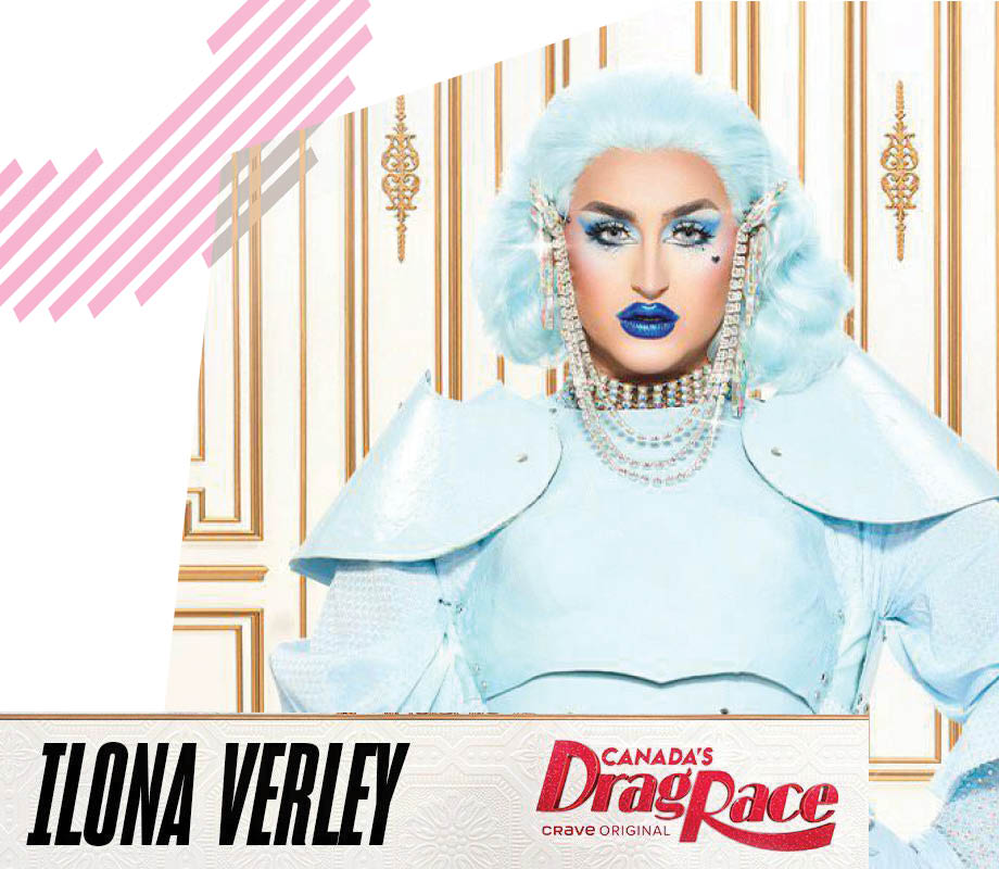 Canada's Drag Race promotional image of drag queenIona Verley, dressed by Evan Clayton