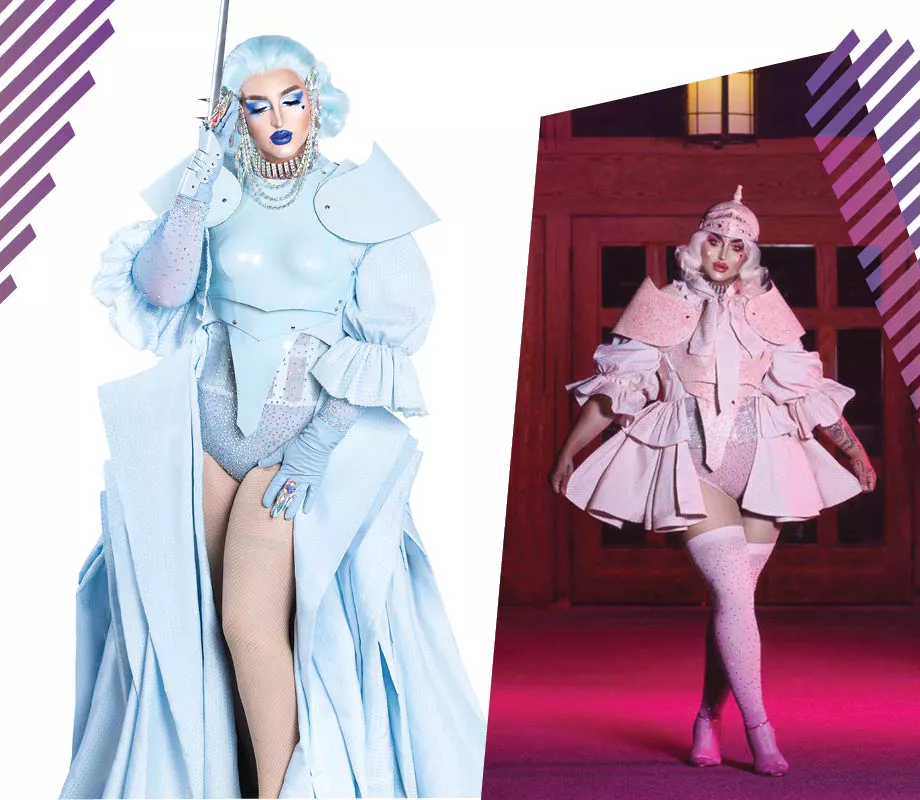 drag queen ilona verley in pastel blue and pastel pink glamour armour costumes