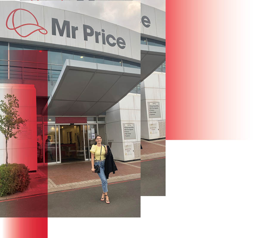 BMC fashion marketing graduate Maxine Hillestad standing in front of Mr. Price offices