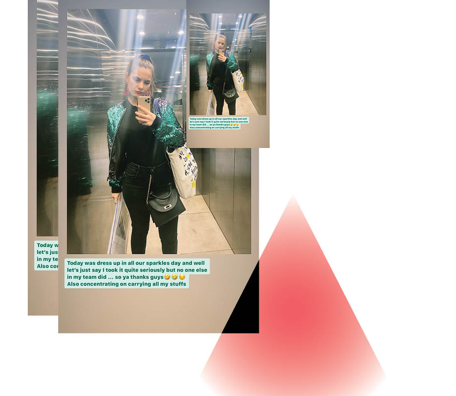 BMC fashion marketing graduate Maxine Hillestad taking a selfie in a sequin bomber jacket