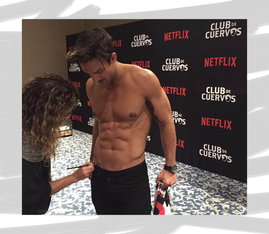 BMC Pro Makeup Graduate Gabriela Benito profile working on actor's abs for Club de Cuervos