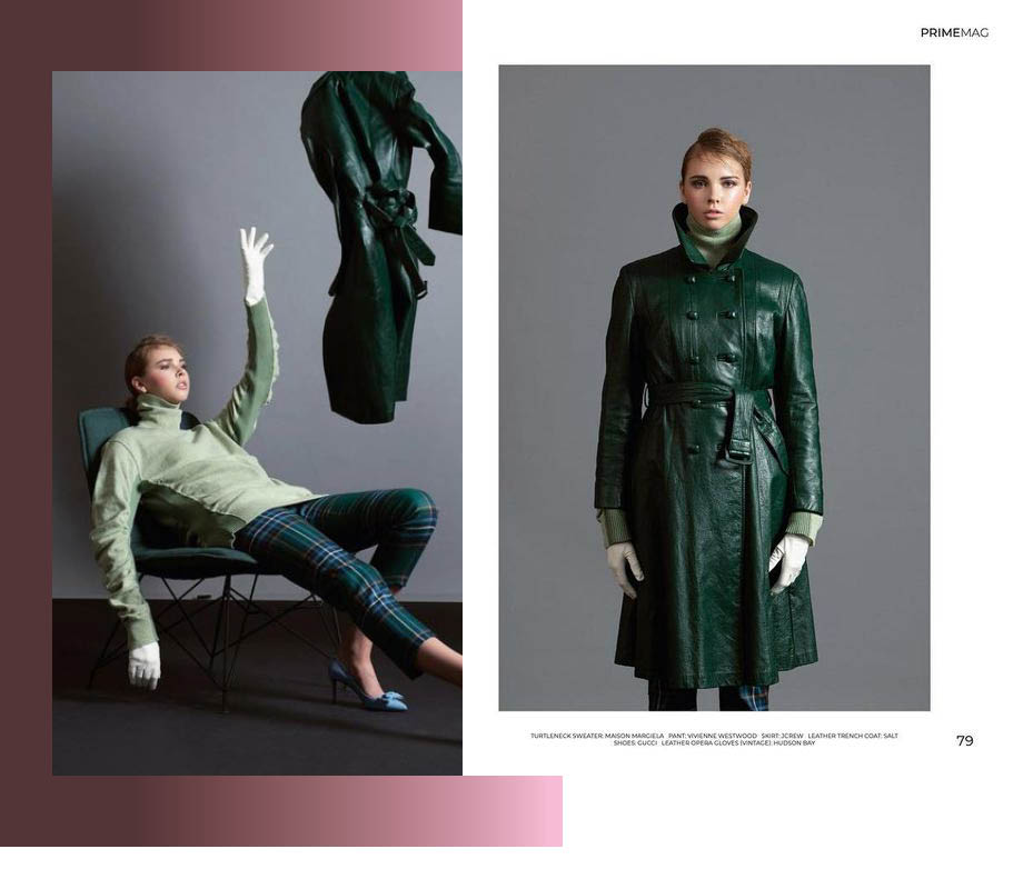 BMC Fashion Marketing graduate and Calgary fashion stylist Vanessa Smith's green trench coat editorial Prime Mag