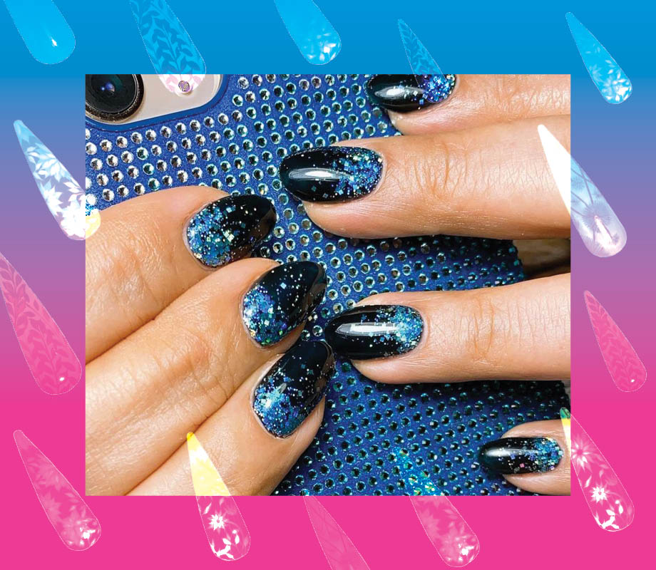 Blanche Macdonald Centre nail studio instructor Roshanak Fadaei's blue glitter nails