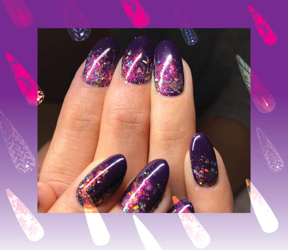 Blanche Macdonald Centre nail studio instructor Roshanak Fadaei's deep purple confetti sparkle nails