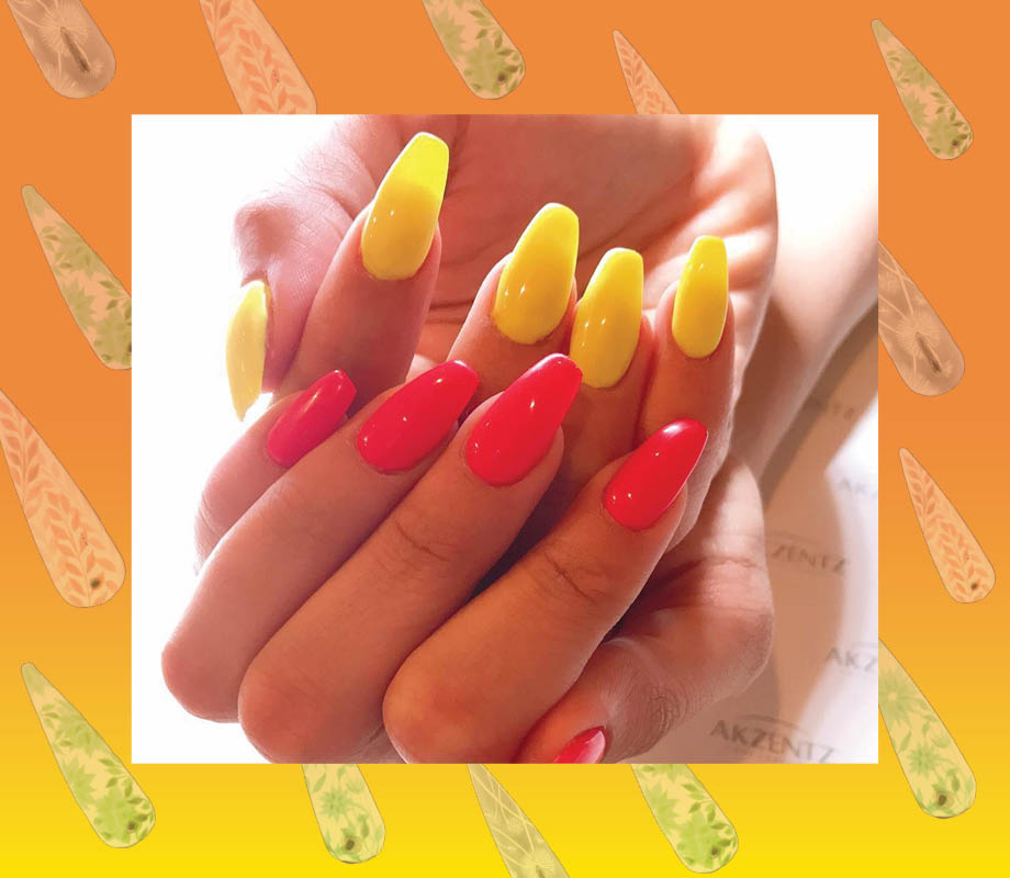 Blanche Macdonald Centre nail studio instructor Roshanak Fadaei's neon yellow and pink nails