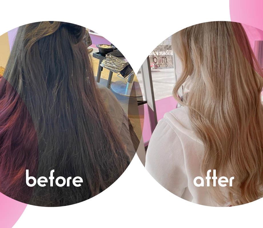 before and after hair brunette to blonde at Mod About You Salon, owned by BMC Pro hair grad Amanda Bagri
