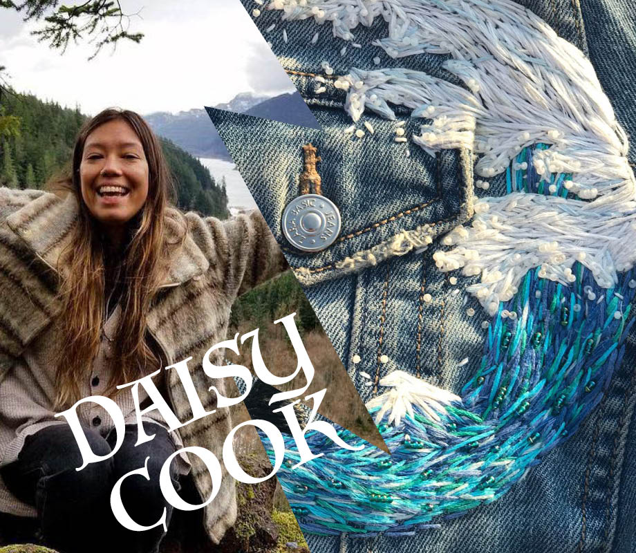 BMC fashion design graduate Dasiy Cook in nature and one of her wave embroidery works