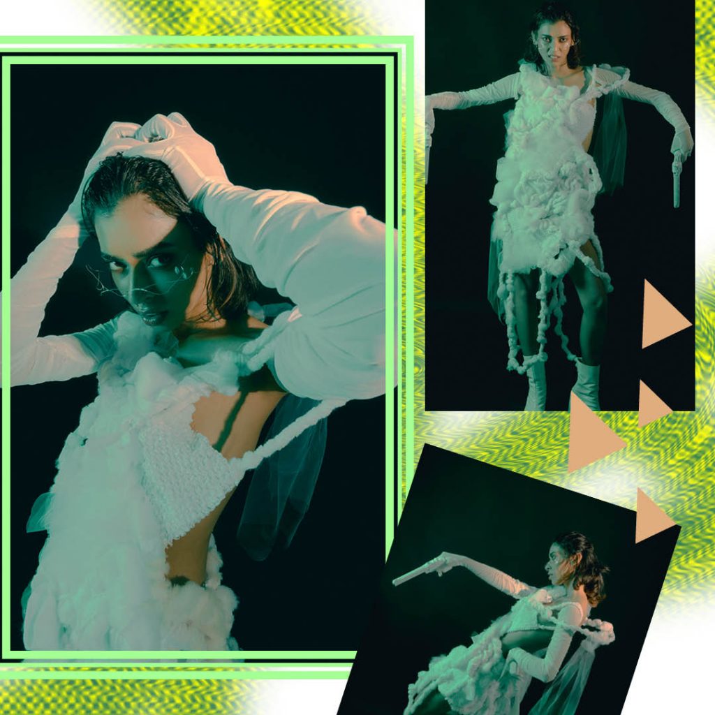 photo from FOLKLR magazine of model wearing white fluffy deconstructed dressFM Grads Daniela Lopez Camacho and Tayler Maier