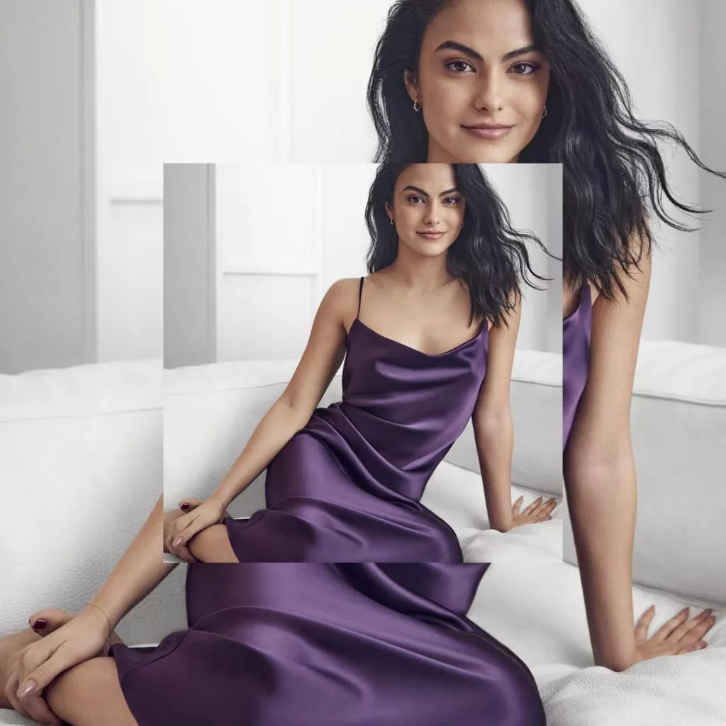 BMC nail studio graduate Vanessa Stern's shiny beige and royal purple design for Riverdale actress Camila Mendes