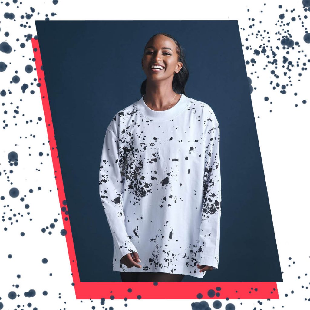 Blanche Macdonald FM Graduate Adam Fawcett Line Six clothing women's splattered long sleeve T