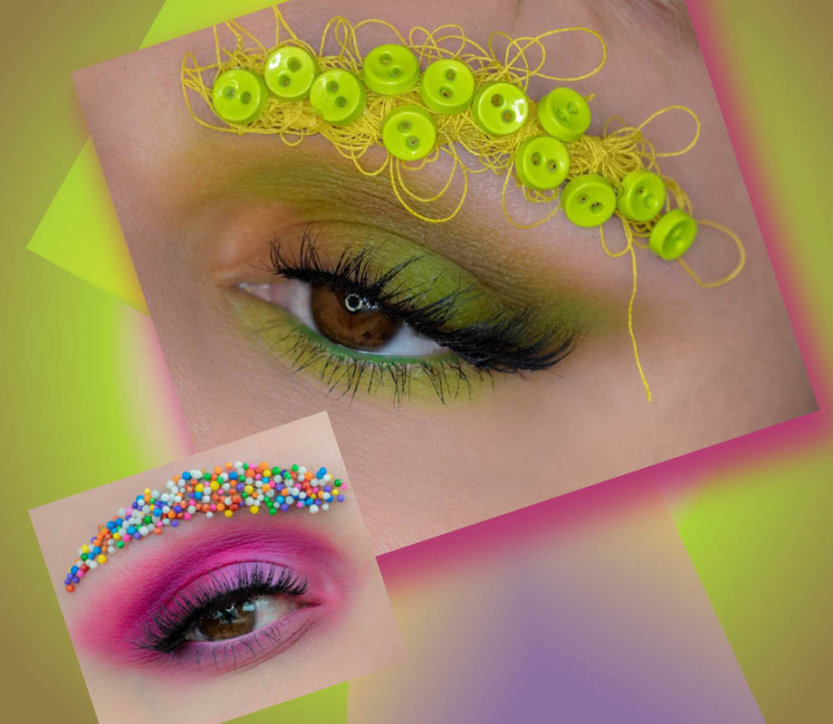 Blanche Macdonald makeup grad and Amazon Live A-List influencer Caleb Wessels' neon green button and thread eyebrow look and sprinkles eyebrow look