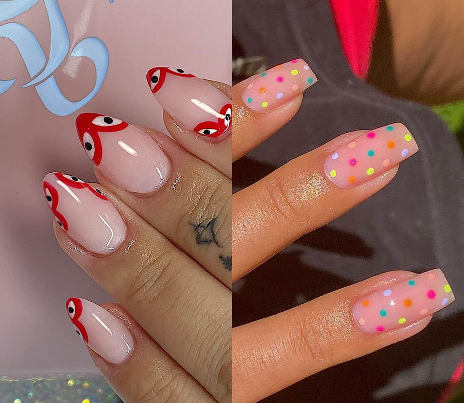 split image half almond shaped manicure featuring comme des garcons heart half square tipped colourful polka dot manicure half square nails with pink french tips featuring cherry design