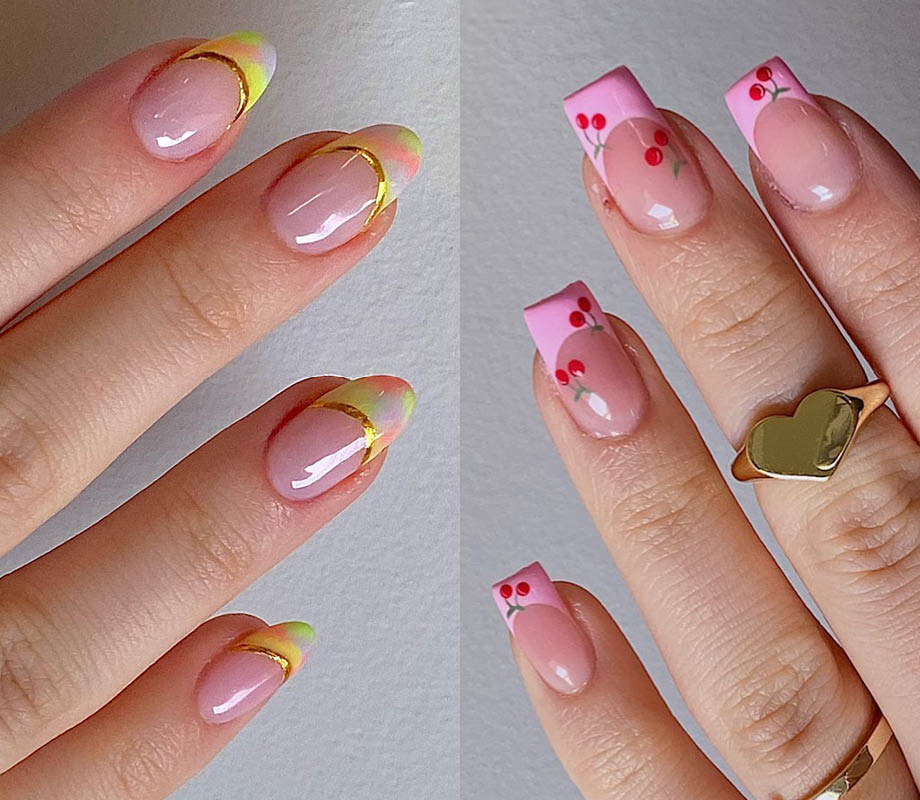 split image half yellow tie-dye french tips with gold outline half