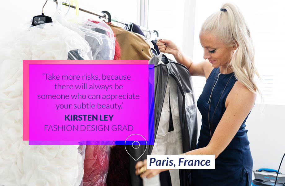 international career artist Kirsten Ley with a rack of clothes