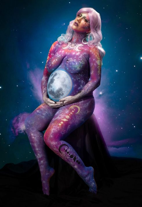 maternity photoshoot featuring moon baby intergalactic bodypaint by artist Jennifer Little