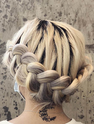 blonde braided crown on asian hair by Blanche Macdonald Graduate Kimiko Watanabe