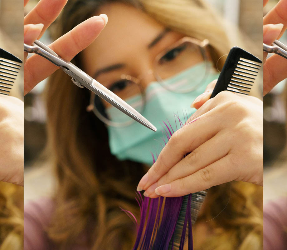 fashion colour specialist Kimiko Watanabe cutting hair, close up, shears