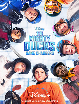 The Mighty Ducks Game Changers movie poster, kids look down at camera in hockey gear on the ice
