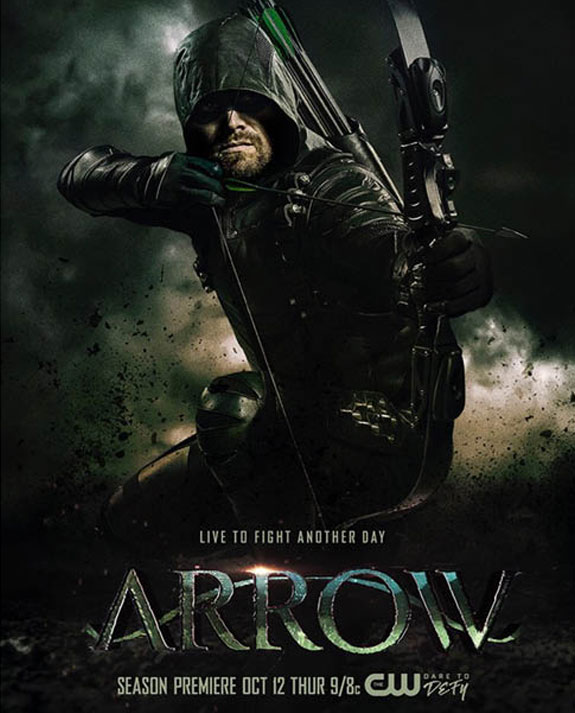 Arrow, film poster, Season Preimere, hooded man holding armed bow and arrow