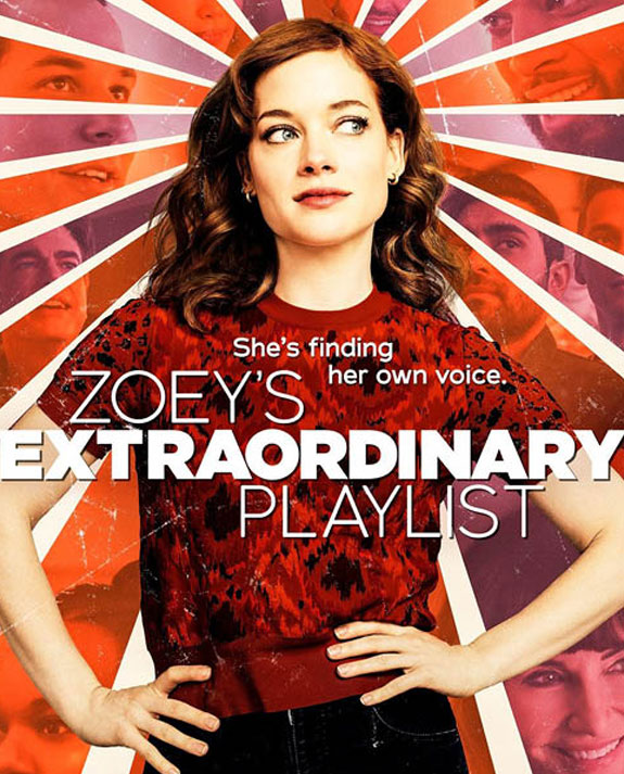 movie poster, Zoey's Extraordinary Playist, bright reds and pink with lead actress in centre