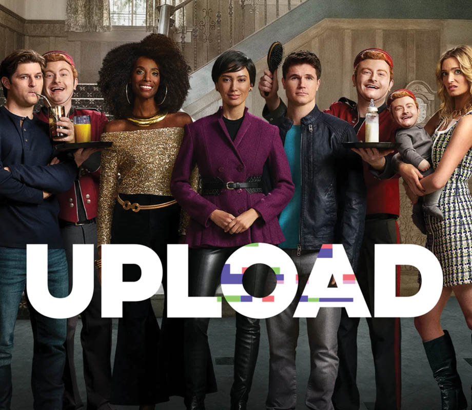 the cast of UPLOAD stands in a row on the UPLOAD movie poster