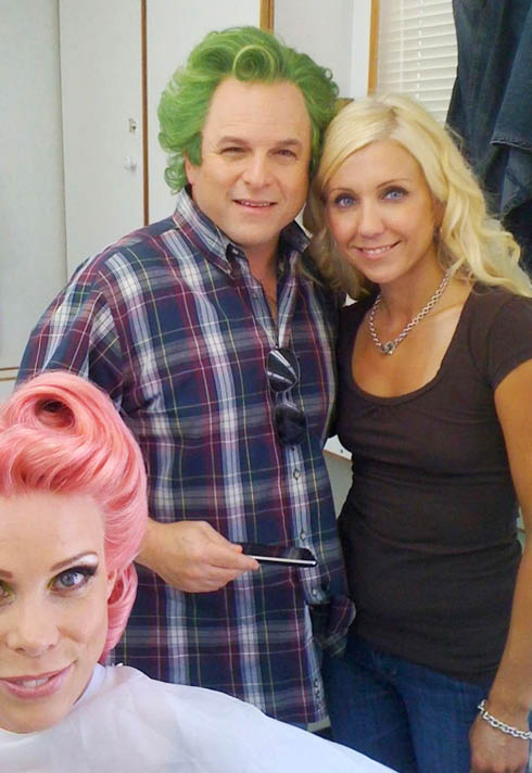 Vincenza Celentano on set with actor Jason Alexander, wearing green wig