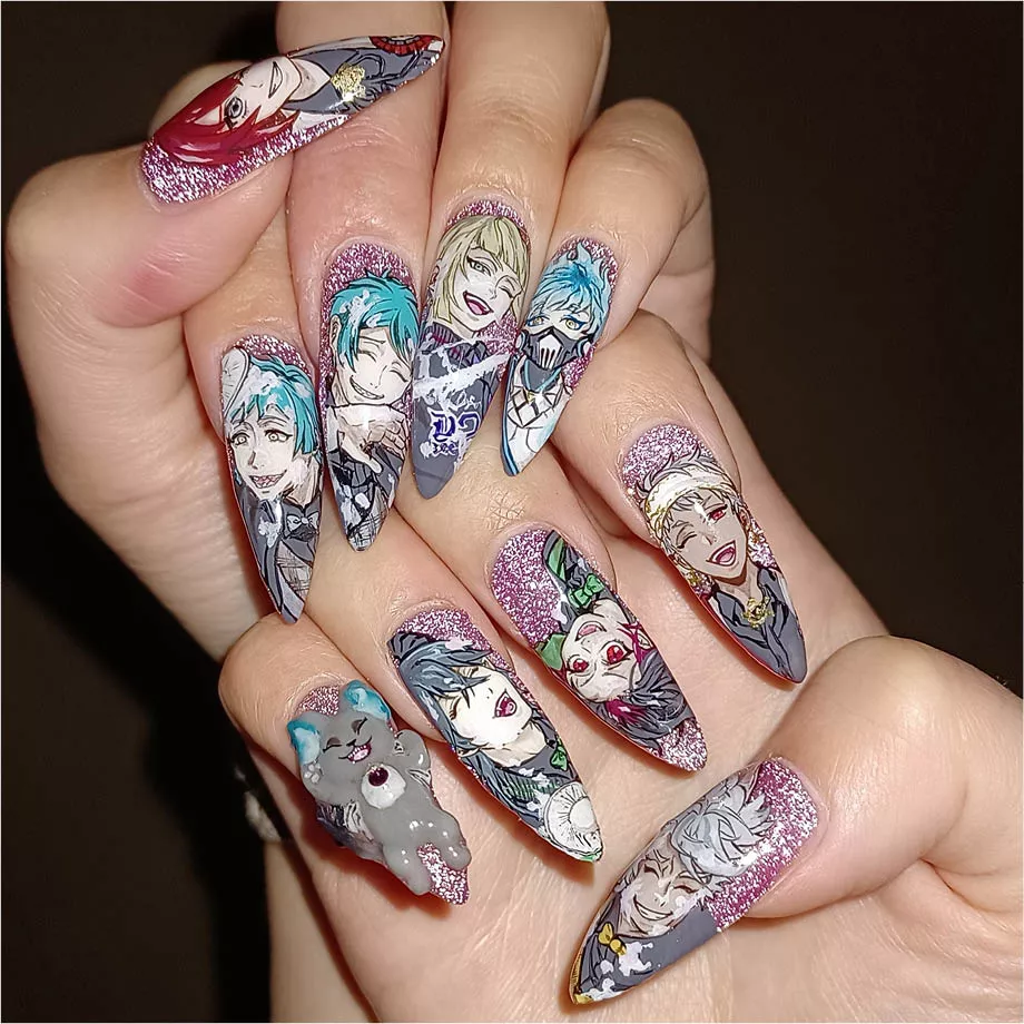 Pink Glittery Anime Nail Art