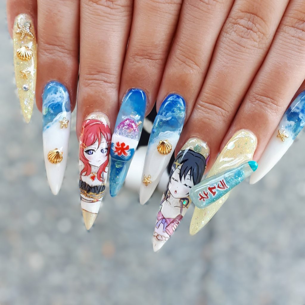 Hand Painted Anime Nail Art, Ocean and Seashells